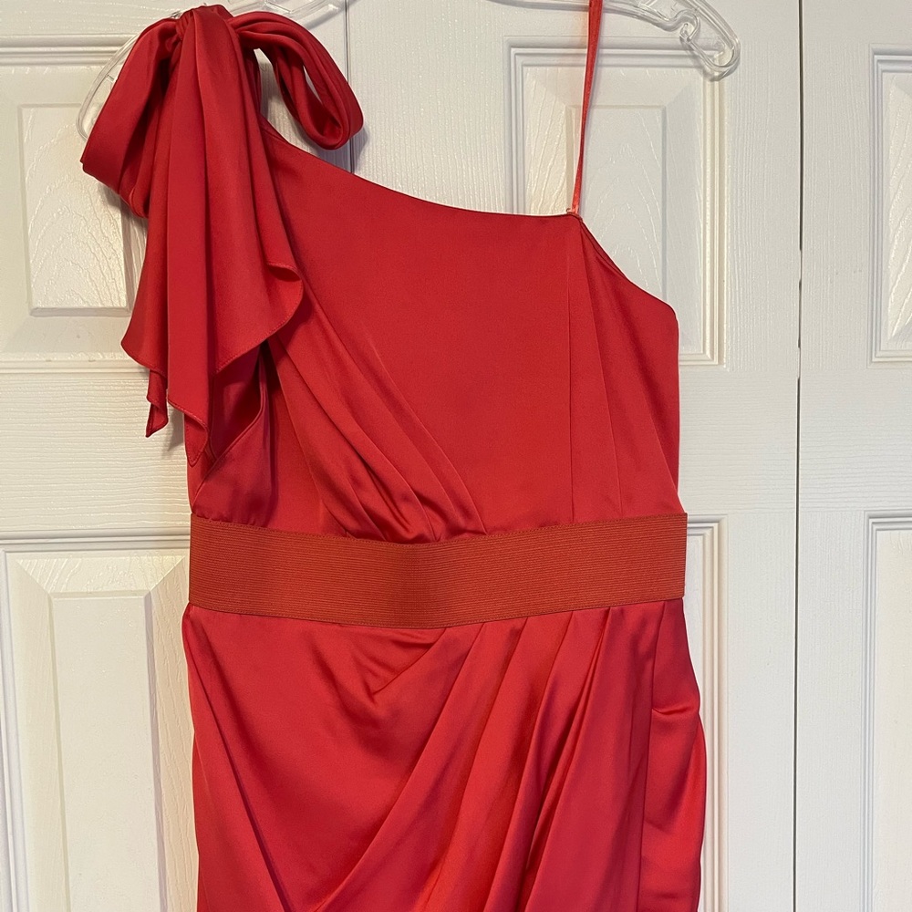 Aidan cocktail dress , size 6, brunt orange bow tie on one shoulder.never worn